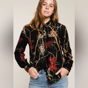 Ba&sh Petunia Metallic Jacard Floral Stripe Long Sleeve button down Blouse Dark